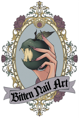Bitten Nail Art logo of a frame with hand with long nails holding an apple that has a bite taken out of it